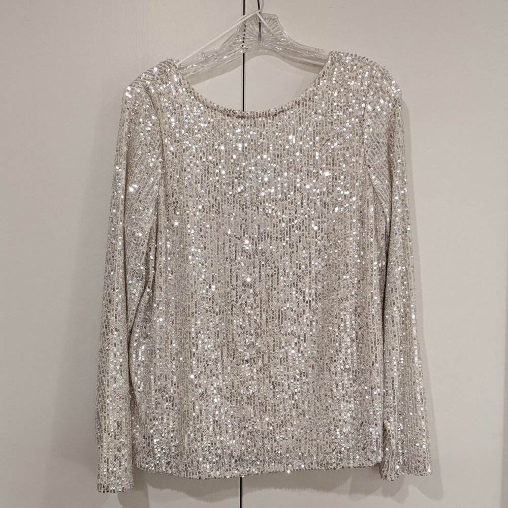 Halogen Sequin Scoop Back Top, Ivory, Silver, M